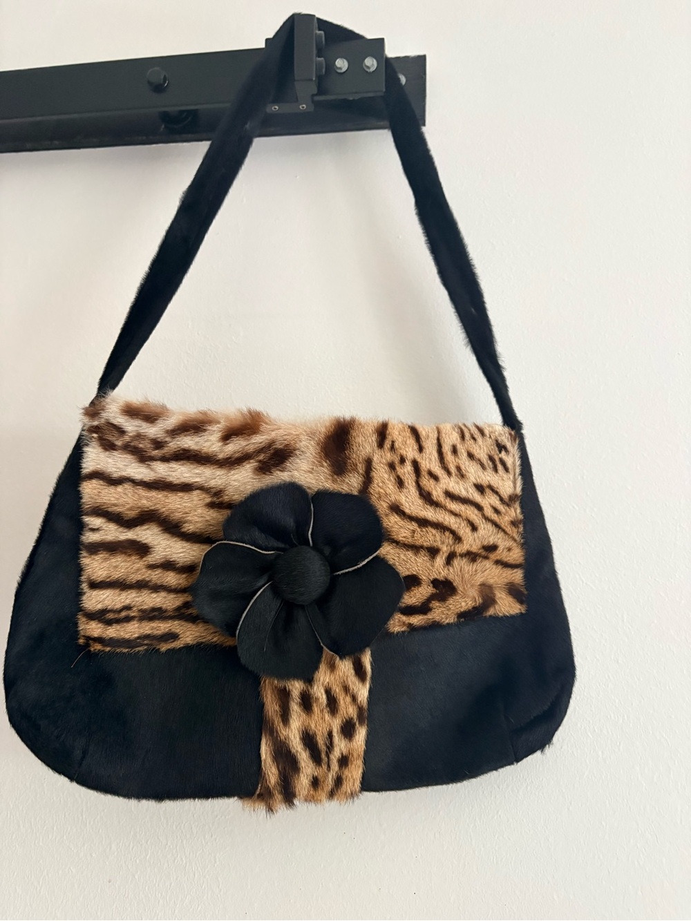 Black and Leopard REAL Fur Shoulder Bag with Floral Accent - Picture 3 of 5